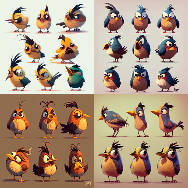 cartoon, bird to multiple character poses and emotions