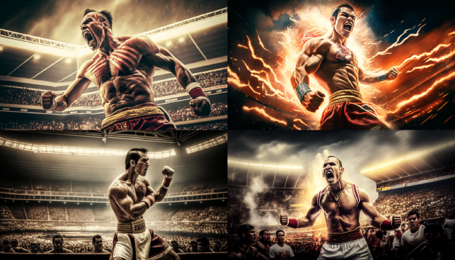 Dynamic Muay Thai fighter, Bangkok stadium, red-gold shorts, white tank, exudes strength and skill, executing lightning-fast strikes, surrounded by enthusiastic fans, showcasing ancient martial art –-ar 16:9